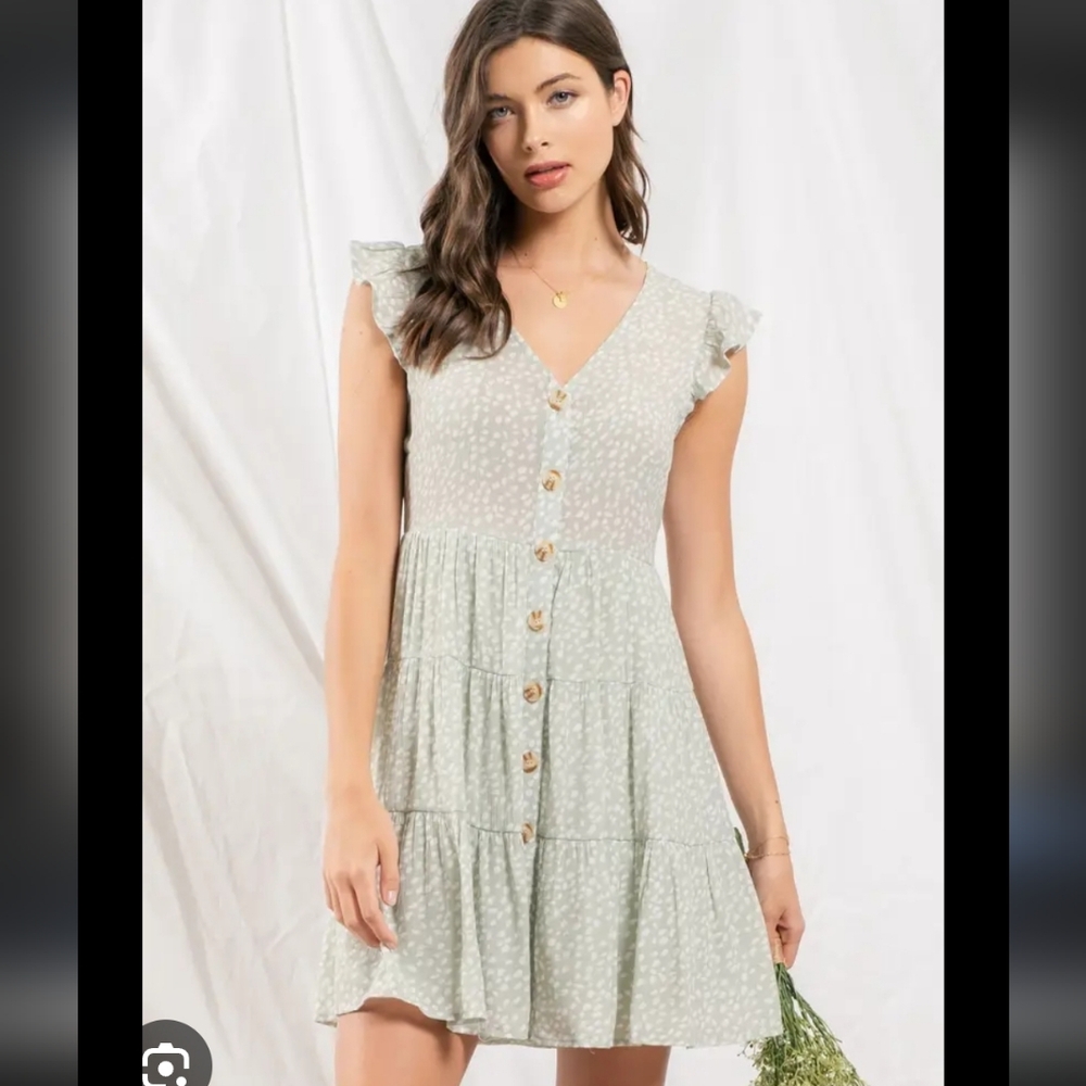 Mine Mint Green Polka Dot Button-Front Mini Dress